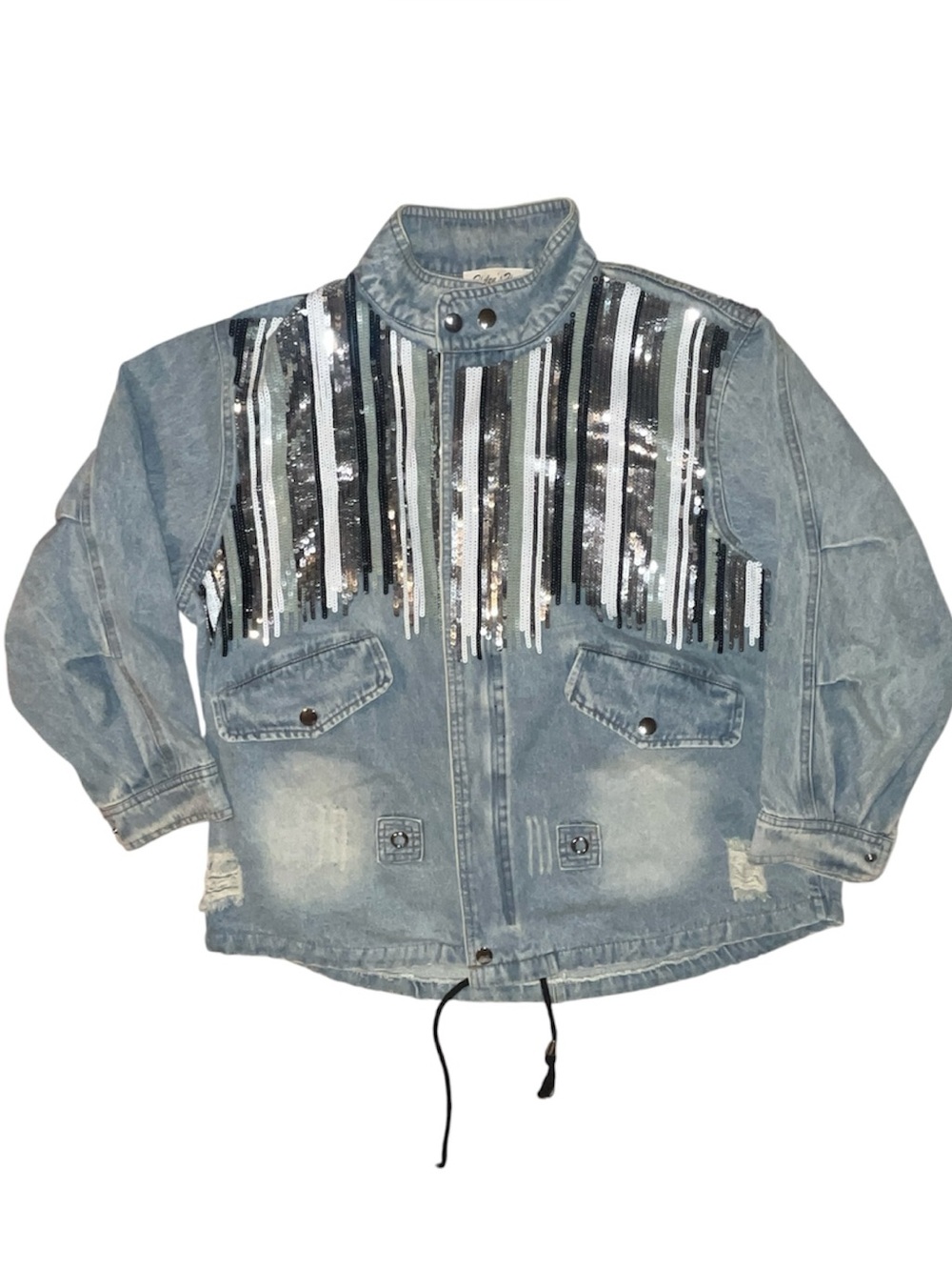 Helen’s Heart Sequins Design Denim Jacket Zip Up Drawstring Waist Size XLarge